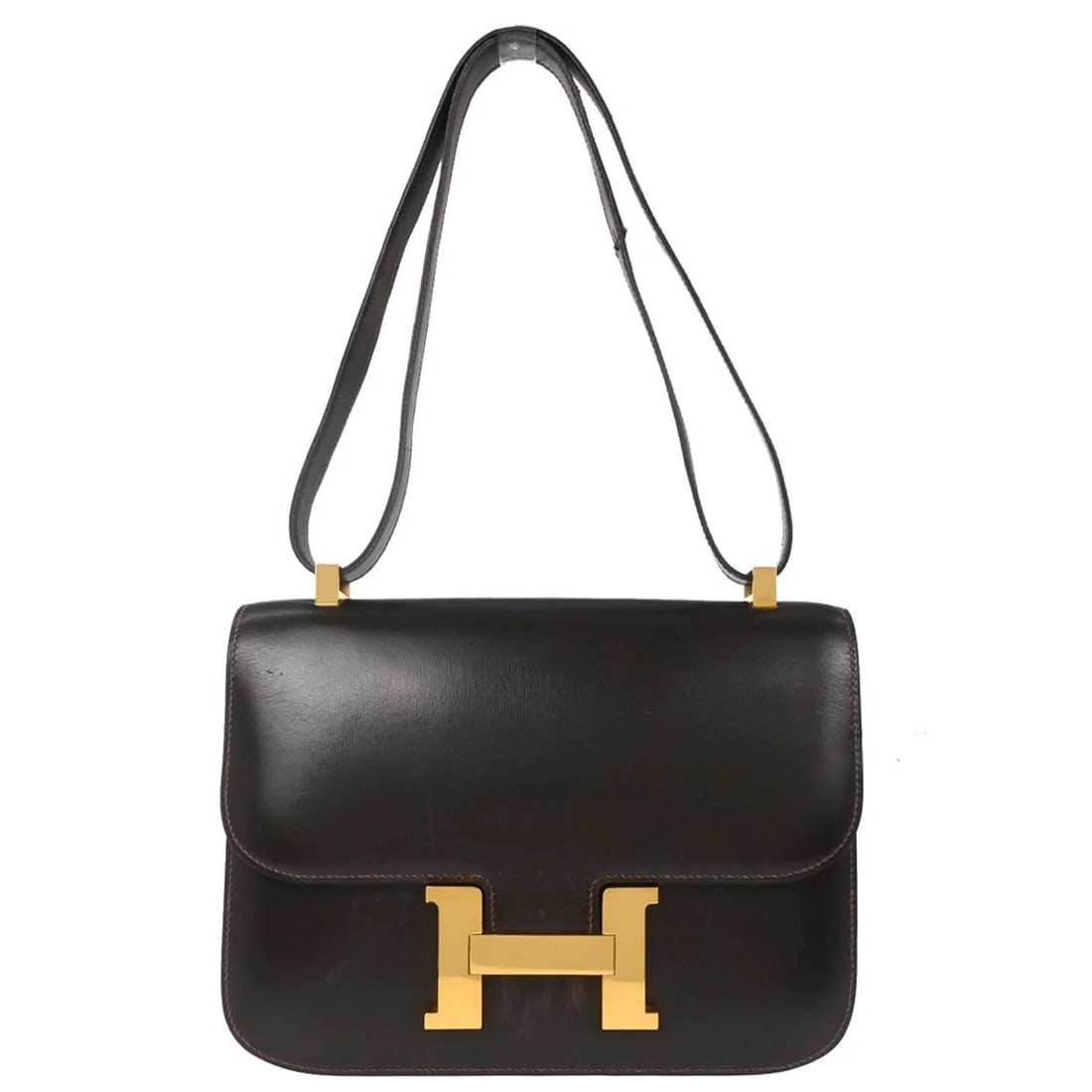 HERMES CHOCOLAT BOX CALF CONSTANCE 23 SHOULDER BAG: Hermes Chocolat Box Calf Constance 23 Shoulder Bag Brand: HERMES Type/Style: Shoulder Bag Material: Box Calf Color: Chocolat Size: W 9.1 x H 6.7 x D 2.0inch Accessories: None Accessories Notice: When