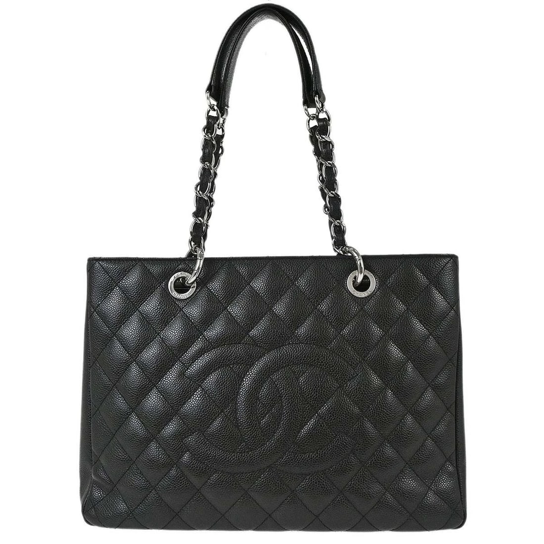 CHANEL BLACK CALFSKIN GRAND SHOPPING TOTE GST CHAIN HANDBAG: Chanel Black Calfskin Grand Shopping Tote GST Chain Handbag Brand: CHANEL Type/Style: Tote Material: Caviar skin leather Color: Black Size: W 13.4 x H 9.8 x D 5.1inch Accessories: None Acc
