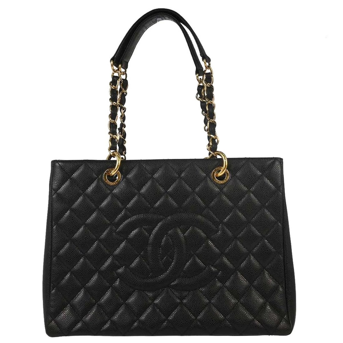 CHANEL BLACK CALFSKIN GRAND SHOPPING TOTE GST CHAIN HANDBAG: Chanel Black Calfskin Grand Shopping Tote GST Chain Handbag Brand: CHANEL Type/Style: Tote Material: Caviar skin leather Color: Black Size: W 13.4 x H 9.8 x D 5.1inch Accessories: None Acc
