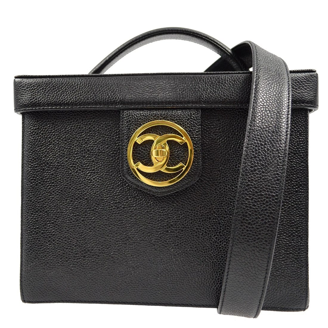CHANEL BLACK CALFSKIN 2WAY VANITY HANDBAG: Chanel Black Calfskin 2way Vanity Handbag Brand: CHANEL Type/Style: CHANEL Vanity Material: Caviar Skin Leather Color: Black Size: W 9.1 x H 7.1 x D 5.1inch Accessories: None Accessories N