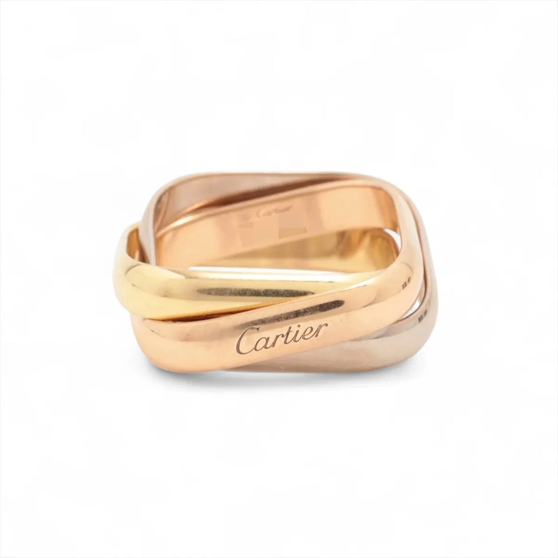 CARTIER TRINITY CUSHION RING 750(YG?PG?WG): Cartier Trinity Cushion Ring 750(YG?PG?WG) Brand: Cartier Type/Style: Ring Material: 750(YG?PG?WG) Color: YG?PG?WG Size: 4.5 - 4.75 US Accessories: None Accessories Notice: When purchasing
