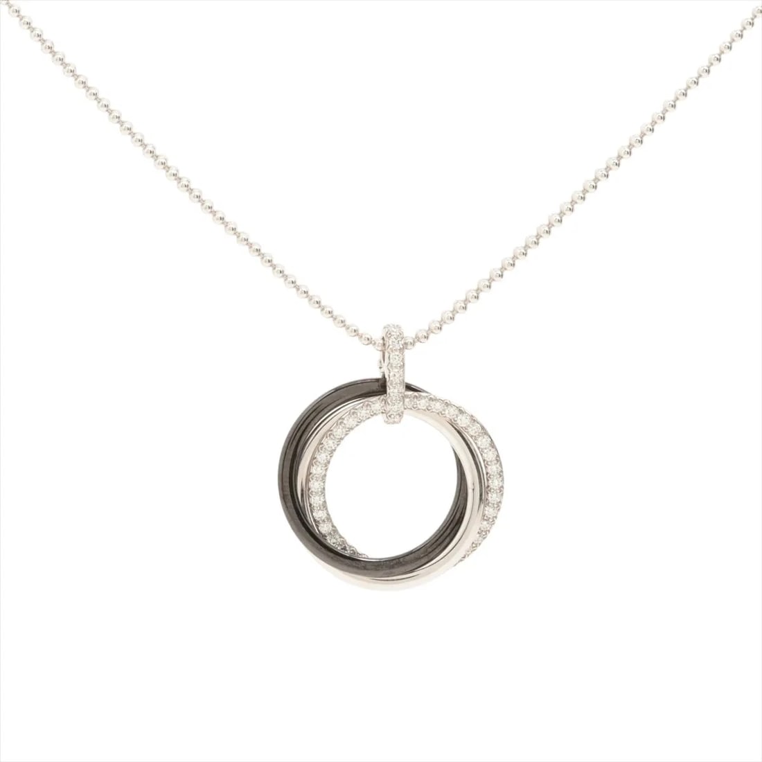 CARTIER TRINITY DIAMOND NECKLACE 750 (WG) X CERAMIC: Cartier Trinity diamond Necklace 750 (WG) x Ceramic Brand: Cartier Type/Style: Necklace Material: 750 (WG) x Ceramic Color: White Gold Size: Chain length:45.9cm Accessories: None Accessories Notice: