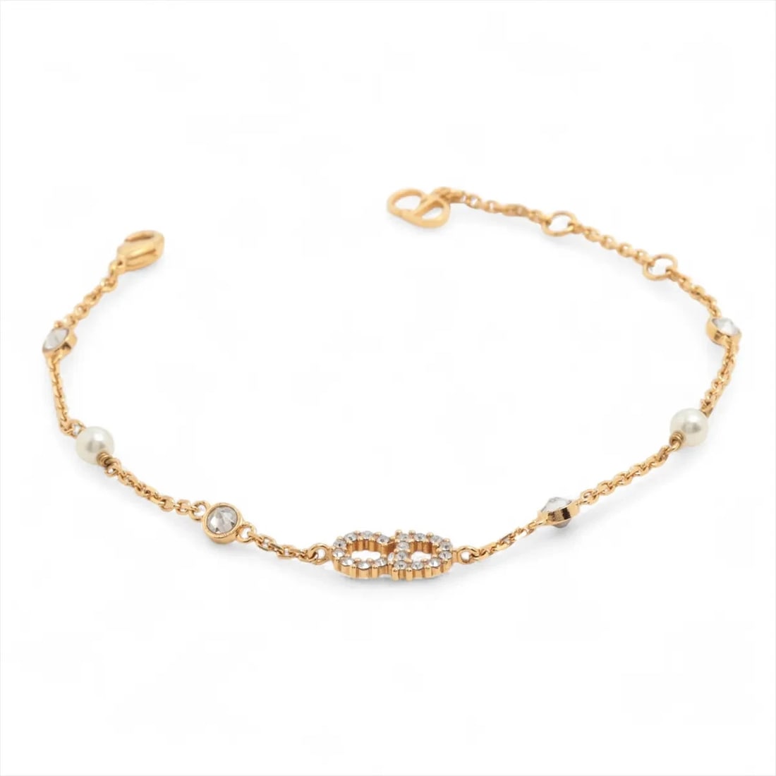 DIOR CLAIR BRACELET GP X RHINESTONE X IMITATION PEARL GOLD: Dior Clair Bracelet GP x rhinestone x imitation pearl Gold Brand: Dior Type/Style: Bracelet Material: GP x rhinestone x imitation pearl Color: Gold Size: Bracelet length:18.5cm Accessories: None