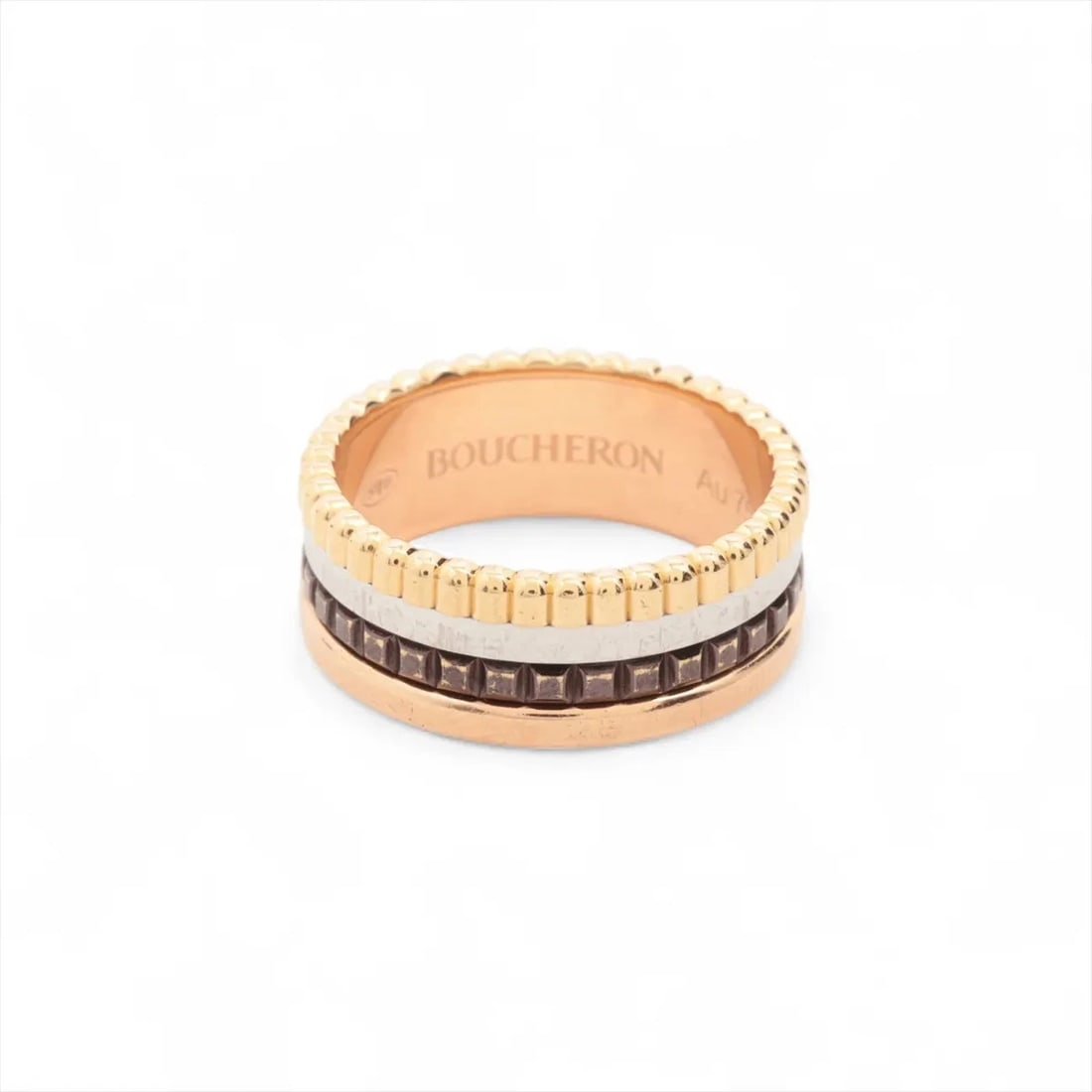 BOUCHERON QUATRE RING 750(YG?PG?WG): Boucheron Quatre Ring 750(YG?PG?WG) Brand: Boucheron Type/Style: Ring Material: 750(YG?PG?WG) Color: YG?PG?WG Size: 4US Accessories: None Accessories Notice: When purchasing pre-owned good