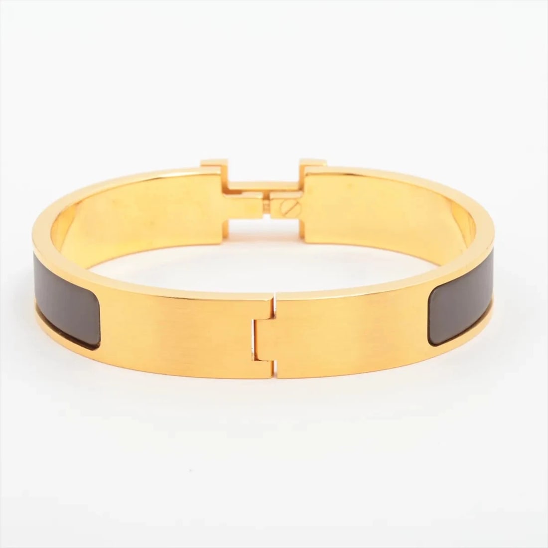 HERMES CLICK HH FANS BANGLE GP GOLD X BROWN: Hermes click HH fans Bangle GP Gold x brown Brand: Hermes Type/Style: Bracelet Material: GP Color: Gold x brown Size: Bracelet length:16.5cm Accessories: None Accessories Notice: When purchasing