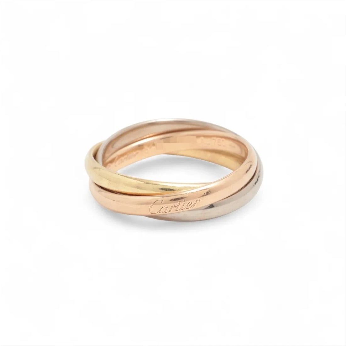CARTIER TRINITY RING 750(YG?PG?WG): Cartier Trinity Ring 750(YG?PG?WG) Brand: Cartier Type/Style: Ring Material: 750(YG?PG?WG) Color: YG?PG?WG Size: 5.25 - 5.5 US Accessories: None Accessories Notice: When purchasing pre-own