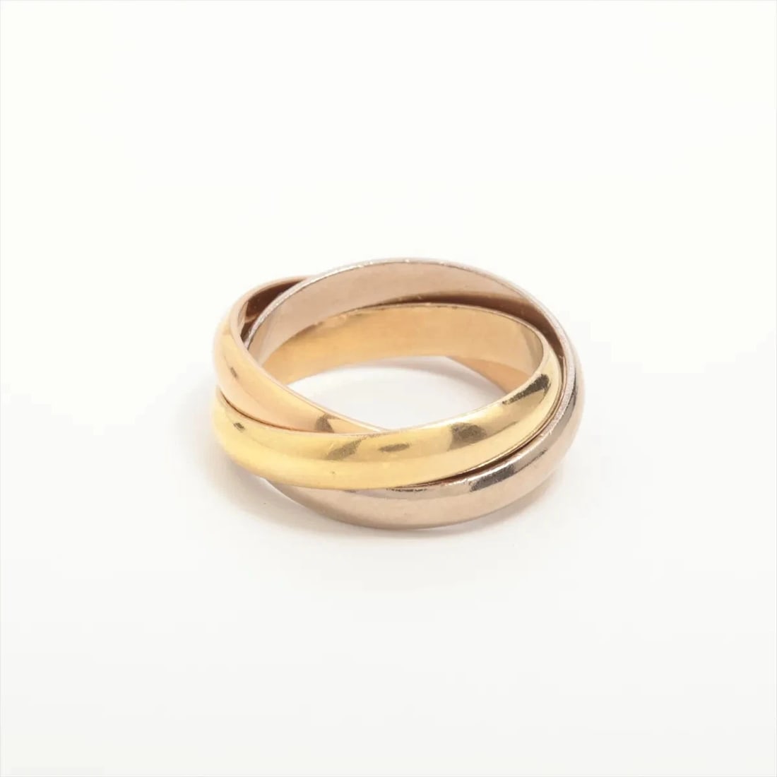 CARTIER TRINITY RING 750(YG?PG?WG): Cartier Trinity Ring 750(YG?PG?WG) Brand: Cartier Type/Style: Ring Material: 750(YG?PG?WG) Color: YG,WG,PG Size: 6.25 - 6.5 US Accessories: None Accessories Notice: When purchasing pre-owned goods,