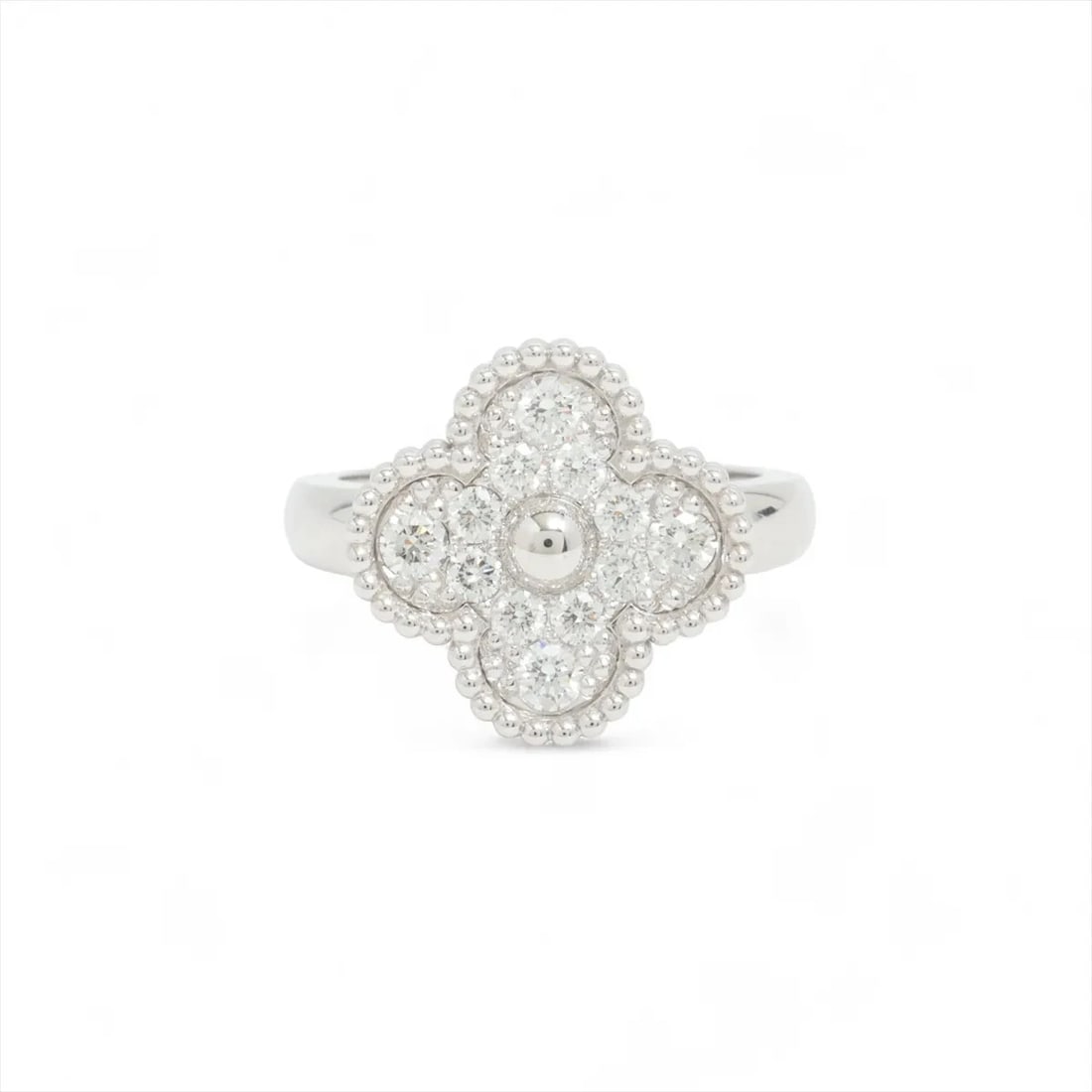 VAN CLEEF & ARPELS ALHAMBRA DIAMOND RING 750(WG): Van Cleef & Arpels Alhambra diamond Ring 750(WG) Brand: Van Cleef & Arpels Type/Style: Ring Material: 750(WG) Color: White Gold Size: 5 - 5.25 US Accessories: None Accessories Notice: When
