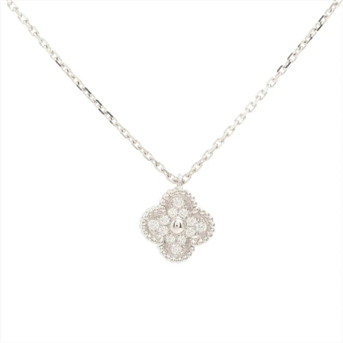 VAN CLEEF & ARPELS SWEET ALHAMBRA DIAMOND NECKLACE 750(WG): Van Cleef & Arpels Sweet Alhambra diamond Necklace 750(WG) Brand: Van Cleef & Arpels Type/Style: Necklace Material: 750(WG) Color: White Gold Size: Chain length:40cm Accessories: None Accessories