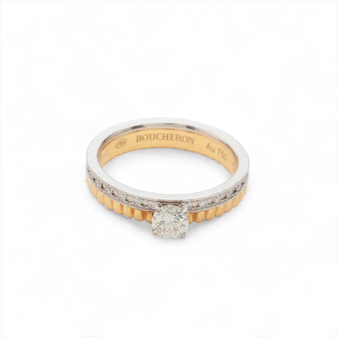 BOUCHERON QUATRE DIAMOND RING 750(YG?WG): Boucheron Quatre diamond Ring 750(YG?WG) Brand: Boucheron Type/Style: Ring Material: 750(YG?WG) Color: YG,WG Size: 4US Accessories: None Accessories Notice: When purchasing pre-owned goods, please