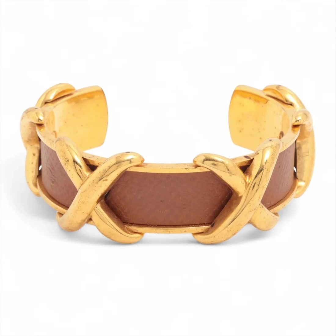 HERMES CROSS BANGLE GP & LEATHER GOLD X BROWN: Hermes Cross Bangle GP & Leather Gold x brown Brand: Hermes Type/Style: Bracelet Material: GP & Leather Color: Gold x brown Size: Bracelet length:15.5cm Accessories: None Accessories Notic