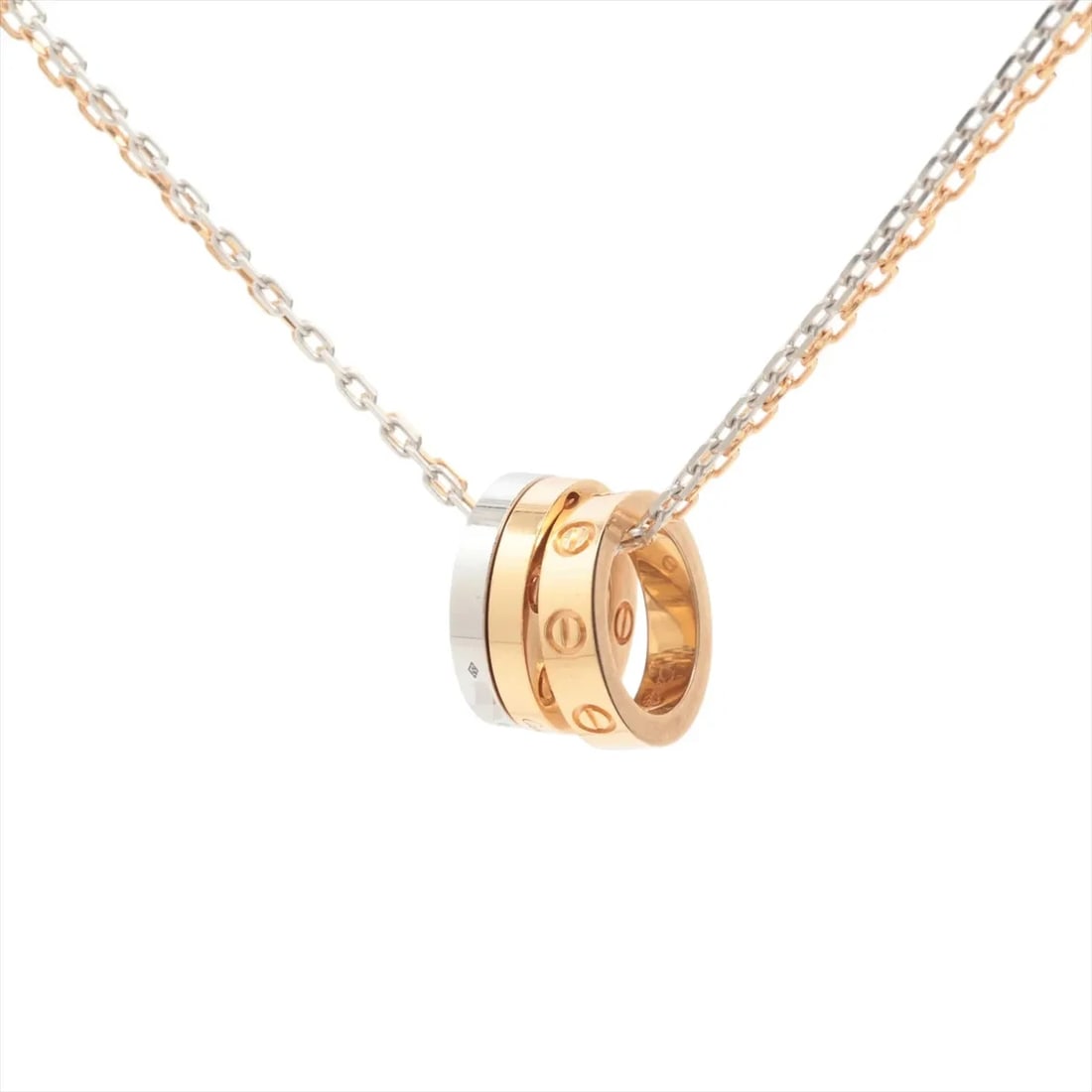 CARTIER LOVE THREE DIAMOND NECKLACE 750(YG?PG?WG): Cartier Love Three diamond Necklace 750(YG?PG?WG) Brand: Cartier Type/Style: Necklace Material: 750(YG?PG?WG) Color: YG?PG?WG Size: Chain length:41cm Accessories: None Accessories Notice: When