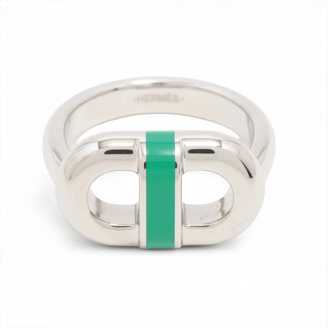 HERMES MAILLON RING METAL SILVER X GREEN: Hermes Maillon Ring metal Silver x green Brand: Hermes Type/Style: Ring Material: Metal Color: Silver,Green Size: 8.75 US Accessories: None Accessories Notice: When purchasing pre-owned go
