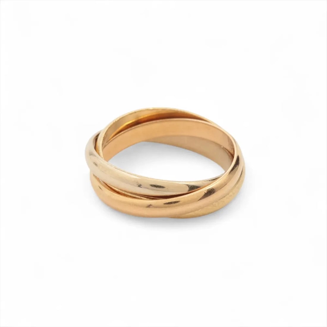 CARTIER TRINITY RING 750(YG PG WG): Cartier Trinity Ring 750(YG PG WG) Brand: Cartier Type/Style: Ring Material: 750(YG PG WG) Color: YG PG WG Size: 4.5 - 4.75 US Accessories: None Accessories Notice: When purchasing pre-own