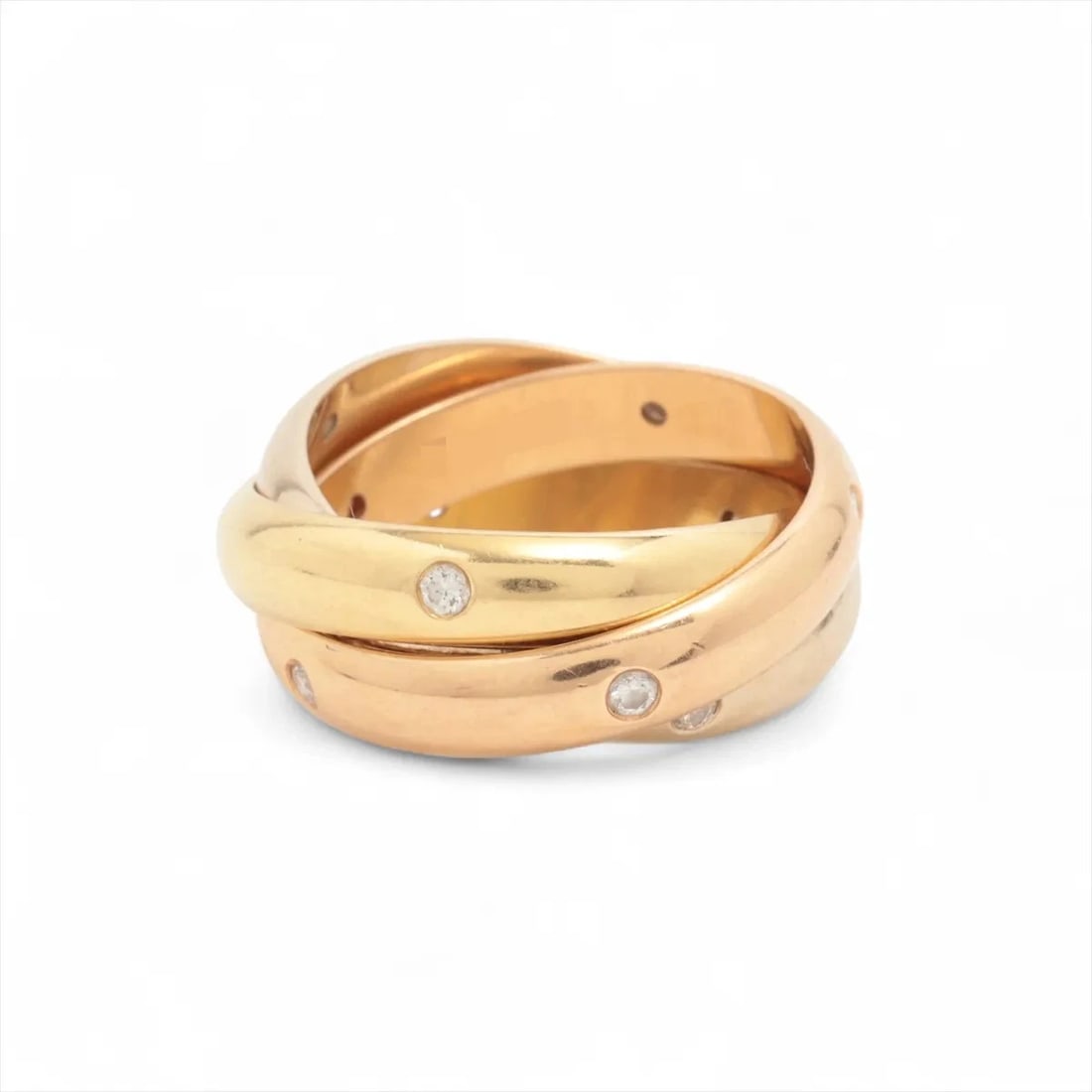 CARTIER TRINITY DIAMOND RING 750(YG?PG?WG): Cartier Trinity diamond Ring 750(YG?PG?WG) Brand: Cartier Type/Style: Ring Material: 750(YG?PG?WG) Color: YG?PG?WG Size: 5 - 5.25 US Accessories: None Accessories Notice: When purchasing p