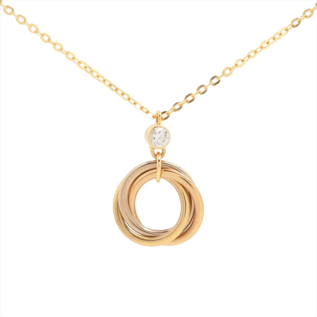 CARTIER BABY TRINITY DIAMOND NECKLACE 750(YG?PG?WG): Cartier Baby Trinity diamond Necklace 750(YG?PG?WG) Brand: Cartier Type/Style: Necklace Material: 750(YG?PG?WG) Color: YG?PG?WG Size: Chain length:43cm Accessories: None Accessories Notice: When