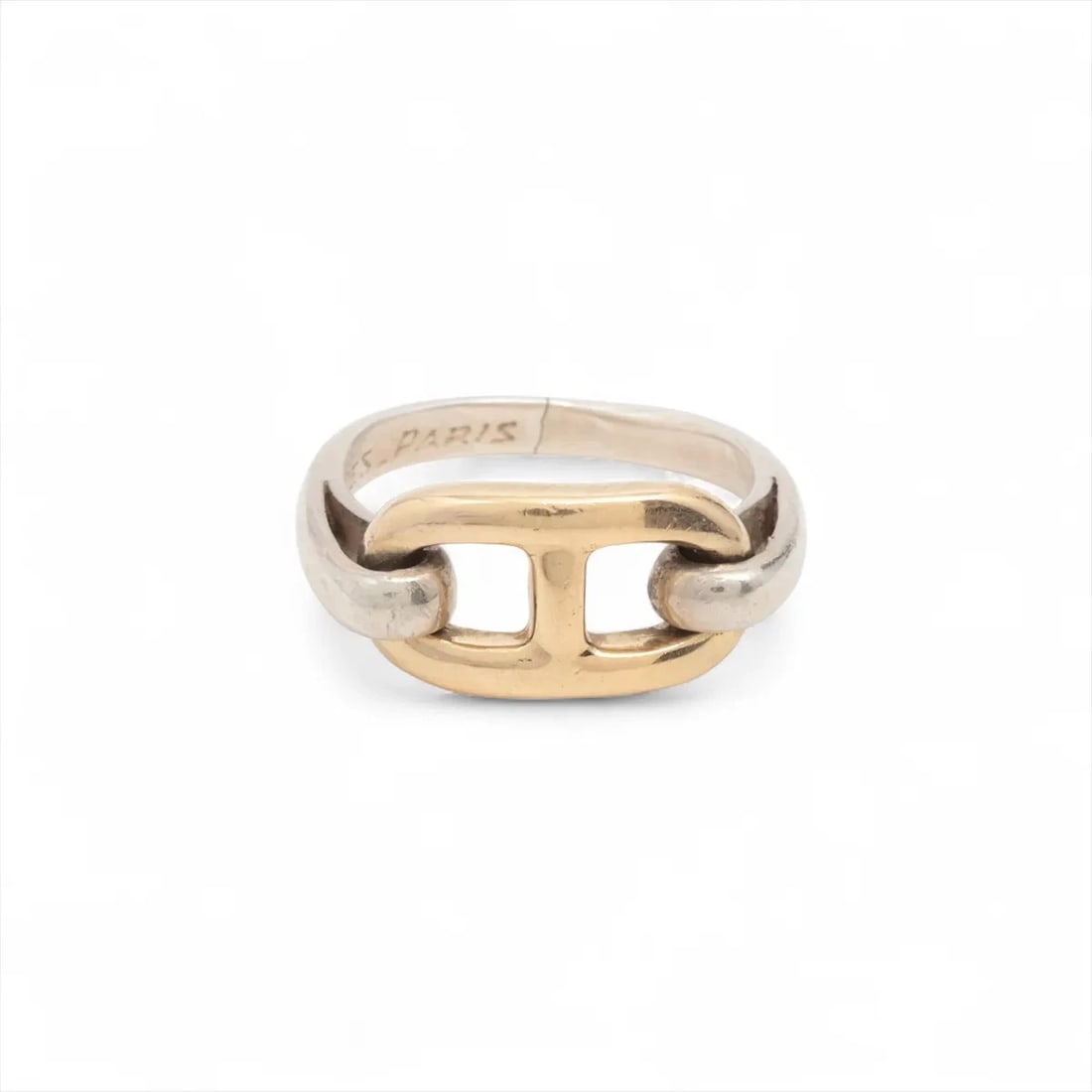 HERMES CHAINE D'ANCRE RING 925?750 GOLD ? SILVER: Hermes Chaine d'Ancre Ring 925?750 Gold ? Silver Brand: Hermes Type/Style: Ring Material: 925?750 Color: Gold,Silver Size: 4.5 US Accessories: None Accessories Notice: When purchasing pre-