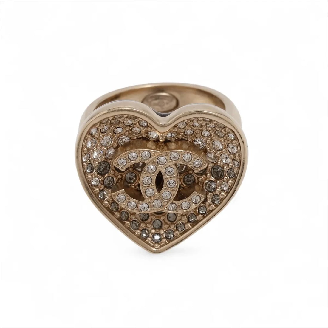 CHANEL COCO MARK HEART RING GP?RHINESTONE: Chanel Coco Mark heart Ring GP?Rhinestone Brand: Chanel Type/Style: Ring Material: GP?Rhinestone Color: None Size: 5.5 - 5.75 US Accessories: None Accessories Notice: When purchasing pre-o