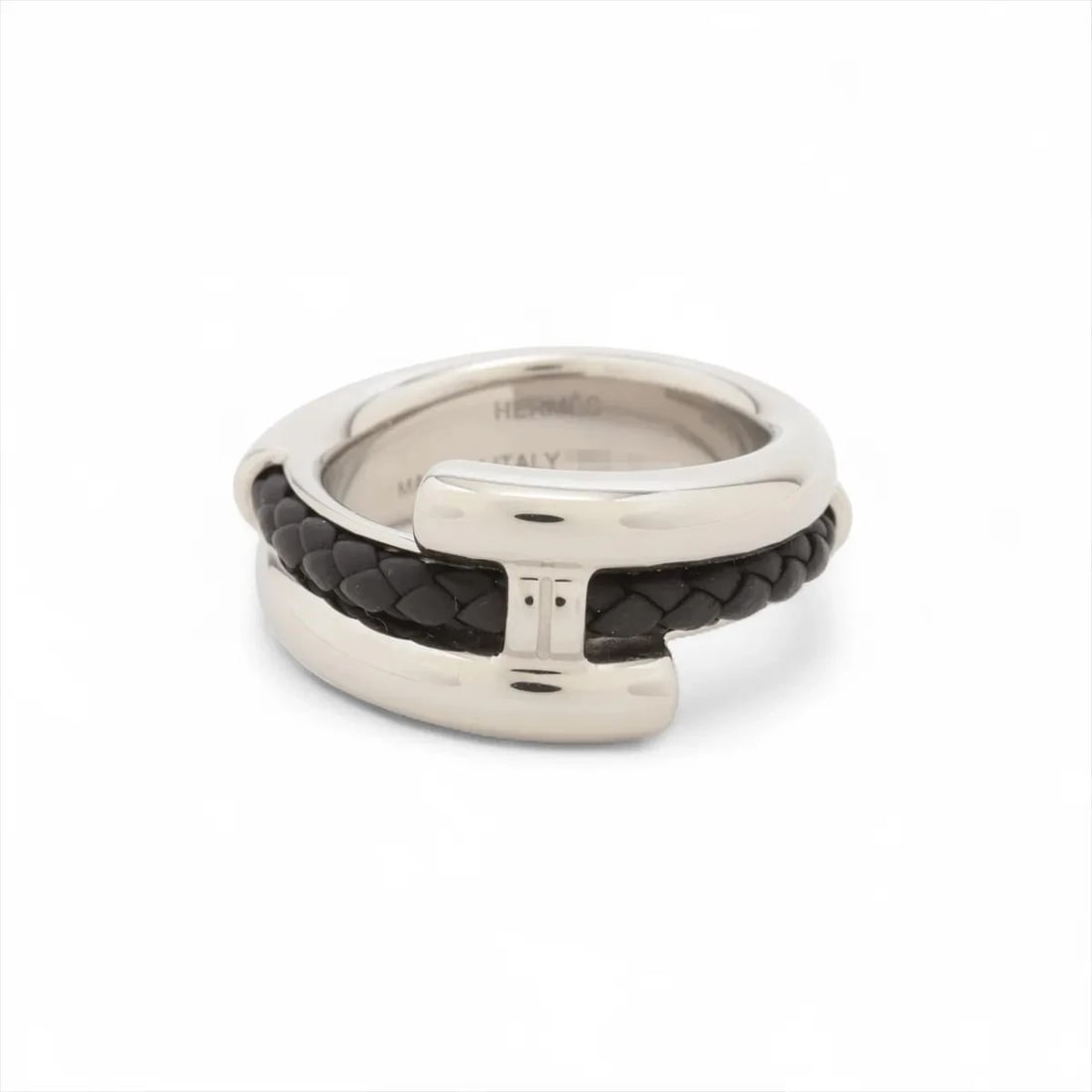 HERMES TYRNI TRESSE RING METAL X LEATHER SILVER X BLACK: Hermes Tyrni Tresse Ring Metal x leather silver x black Brand: Hermes Type/Style: Ring Material: Metal x leather Color: silver x black Size: 8.75 US Accessories: None Accessories Notice: When