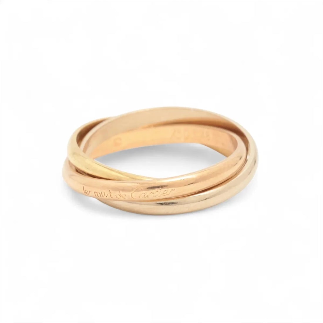 CARTIER TRINITY RING 750(YG?PG?WG): Cartier Trinity Ring 750(YG?PG?WG) Brand: Cartier Type/Style: Ring Material: 750(YG?PG?WG) Color: YG?PG?WG Size: 4.5 US Accessories: None Accessories Notice: When purchasing pre-owned good