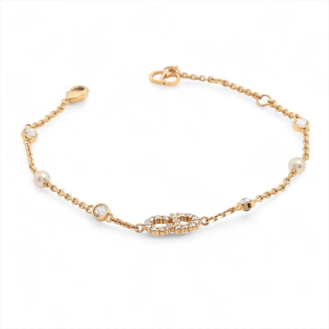 DIOR CLAIR D BRACELET GP X RHINESTONE X IMITATION PEARL GOLD: Dior Clair D Bracelet GP x rhinestone x imitation pearl Gold Brand: Dior Type/Style: Bracelet Material: GP x rhinestone x imitation pearl Color: Gold Size: Bracelet length:16cm Accessories: None