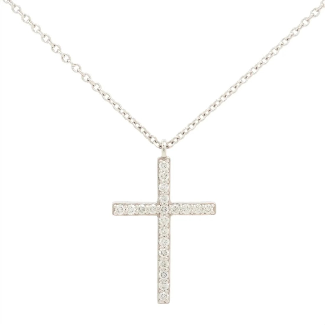 TIFFANY METROCROSS MEDIUM DIAMOND NECKLACE 750(WG): Tiffany Metrocross Medium diamond Necklace 750(WG) Brand: Tiffany Type/Style: Necklace Material: 750(WG) Color: White Gold Size: Chain length:40.9cm Accessories: None Accessories Notice: When
