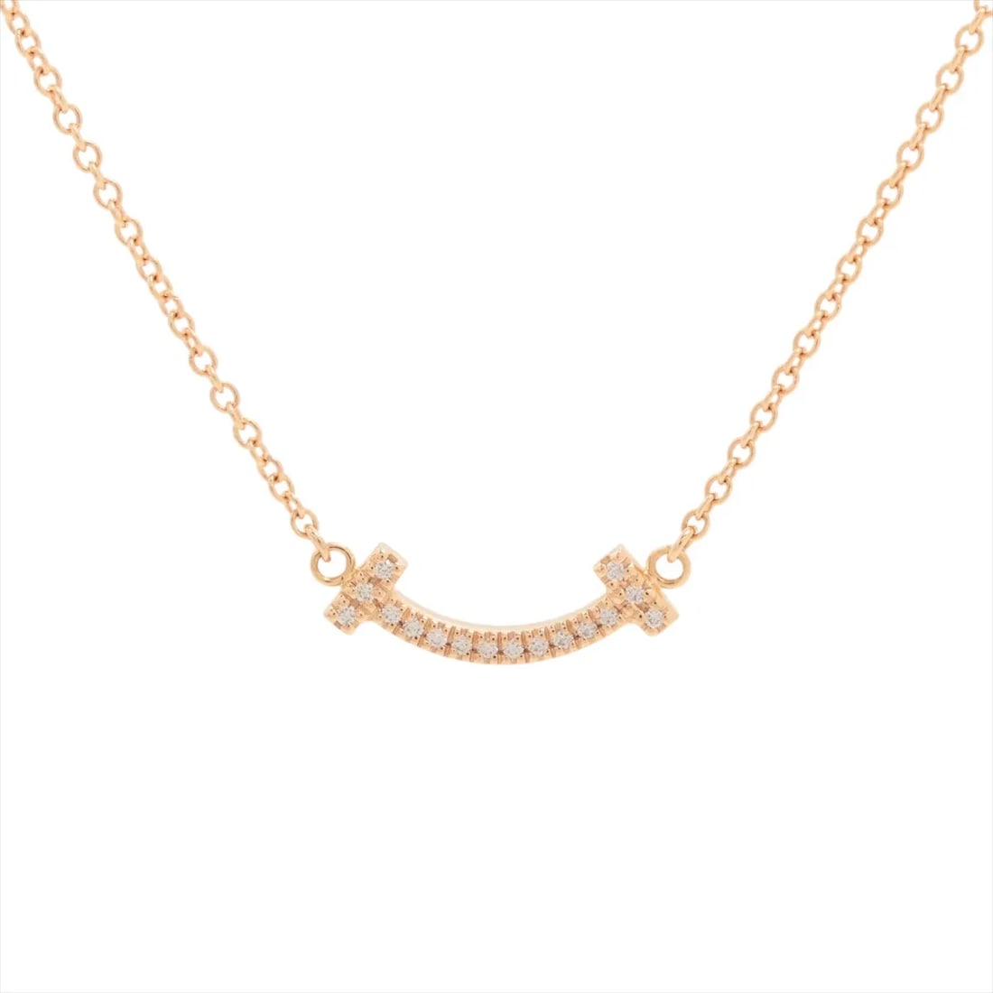 TIFFANY T SMILE MINI DIAMOND NECKLACE 750(PG): Tiffany T Smile Mini diamond Necklace 750(PG) Brand: Tiffany Type/Style: Necklace Material: 750(PG) Color: Pink Gold Size: Chain length:46.1cm Accessories: None Accessories Notice: When purchasing