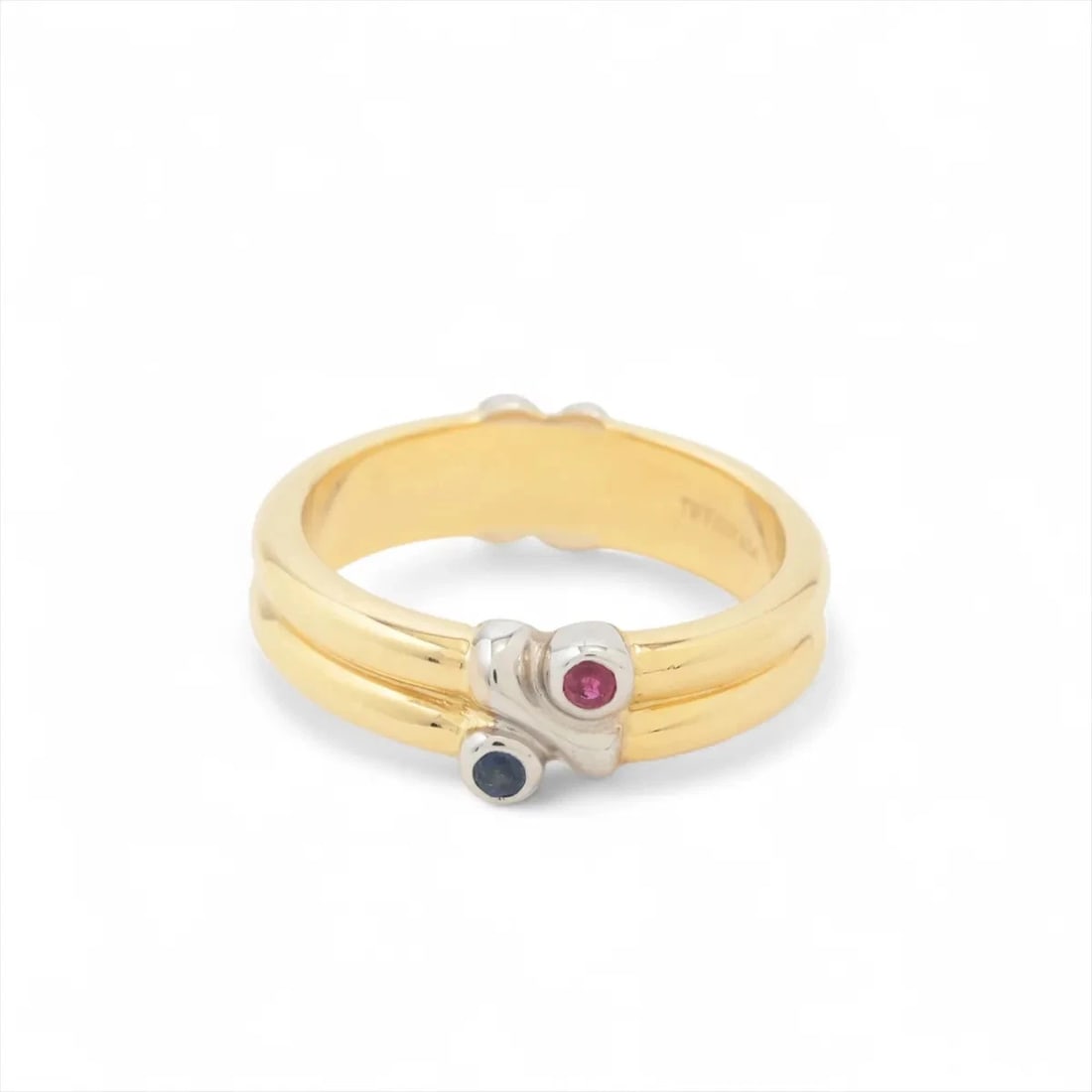 TIFFANY SIGNATURE SAPPHIRE RUBY RING 750(YG?WG): Tiffany Signature Sapphire Ruby Ring 750(YG?WG) Brand: Tiffany Type/Style: Ring Material: 750(YG?WG) Color: YG,WG Size: 5.75 - 6 US Accessories: None Accessories Notice: When purchasing pr
