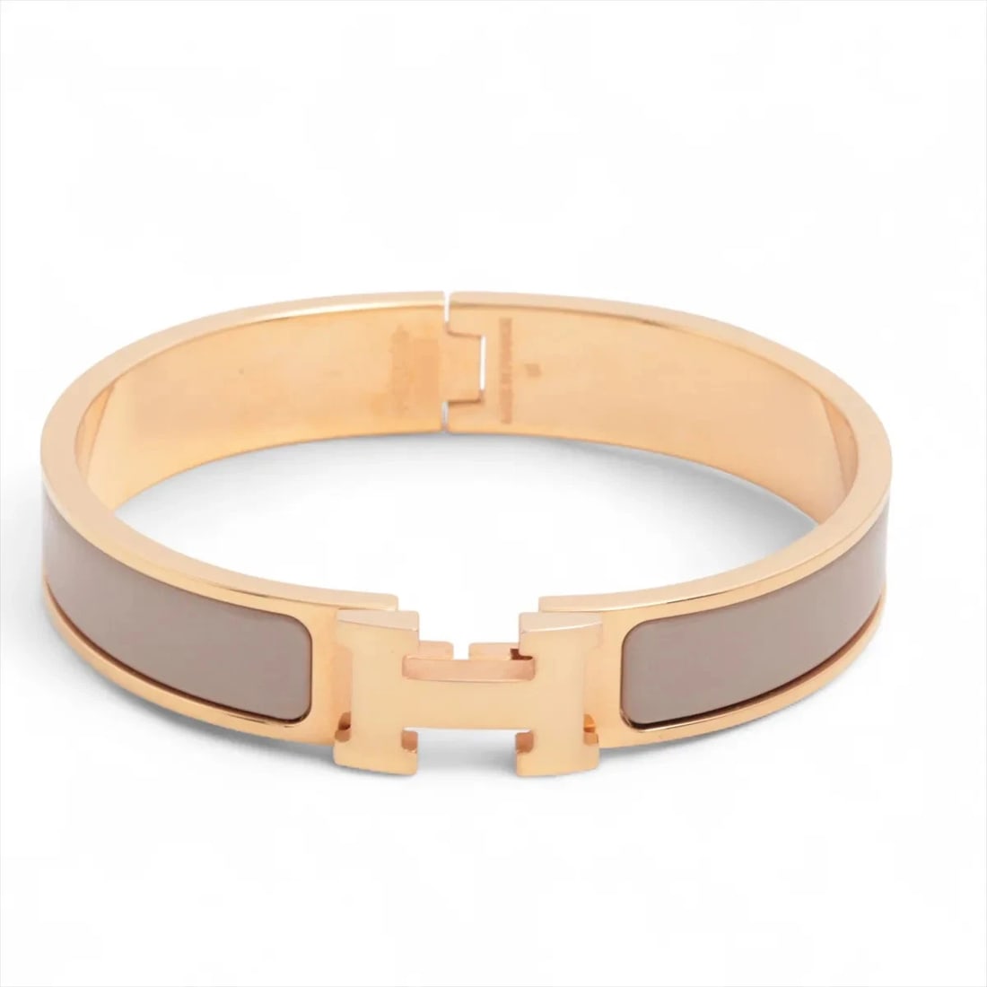 HERMES CLICK H FAN BANGLE GP GOLD X MARRON GLACE: Hermes Click H fan Bangle GP Gold x marron glace Brand: Hermes Type/Style: Bracelet Material: GP Color: Gold x marron glace Size: Bracelet length:16cm Accessories: None Accessories Notice: When