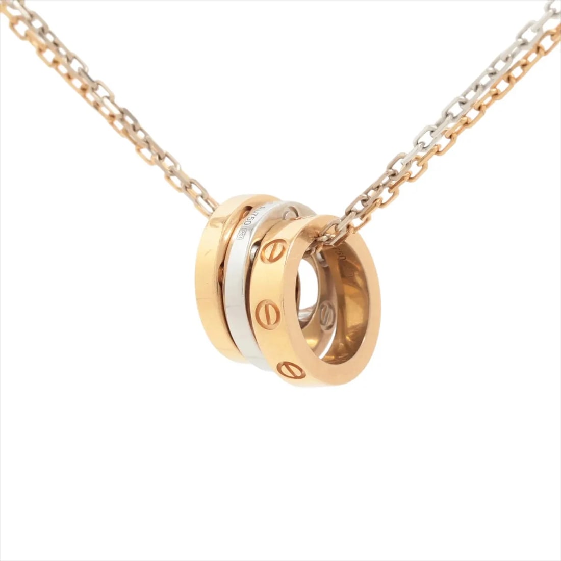 CARTIER LOVE THREE HOOP DIAMOND NECKLACE 750(YG?PG?WG): Cartier Love Three Hoop diamond Necklace 750(YG?PG?WG) Brand: Cartier Type/Style: Necklace Material: 750(YG?PG?WG) Color: YG?PG?WG Size: Chain length:45.2cm Accessories: None Accessories Notice: When