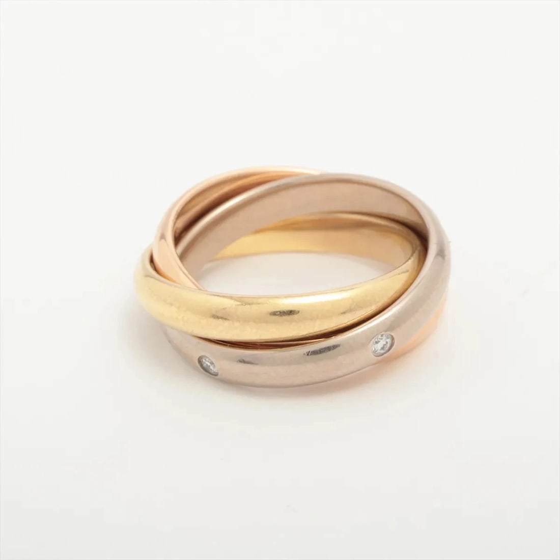 CARTIER TRINITY 5P DIAMOND RING 750(YG?PG?WG): Cartier Trinity 5P diamond Ring 750(YG?PG?WG) Brand: Cartier Type/Style: Ring Material: 750(YG?PG?WG) Color: YG?PG?WG Size: 4 US Accessories: None Accessories Notice: When purchasing pre-o
