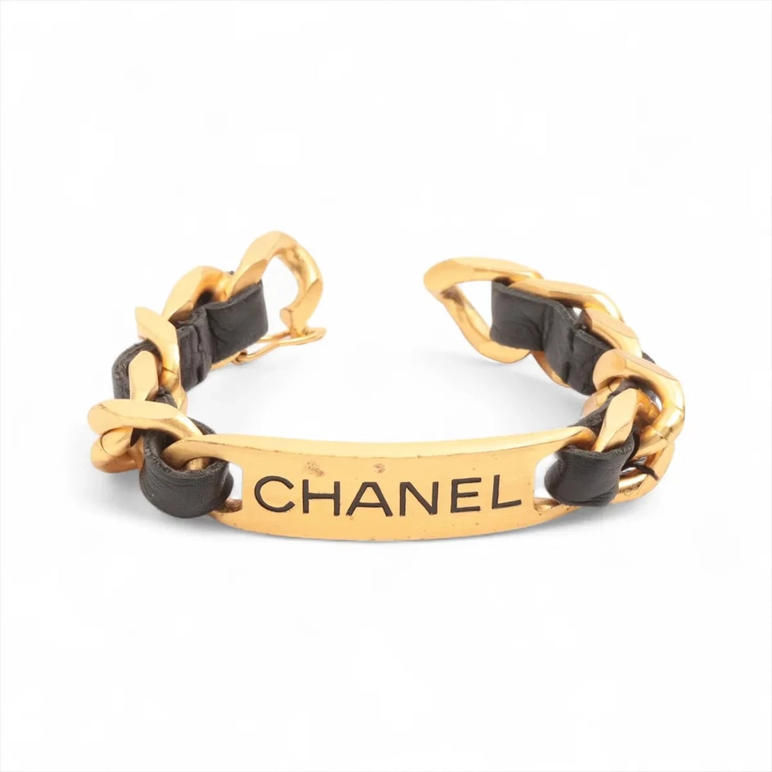 CHANEL LOGO BRACELET GP & LEATHER BLACK?GOLD: Chanel Logo Bracelet GP & Leather Black?Gold Brand: Chanel Type/Style: Bracelet Material: GP & Leather Color: Black?Gold Size: Bracelet length:15.5cm Accessories: None Accessories Notice: When