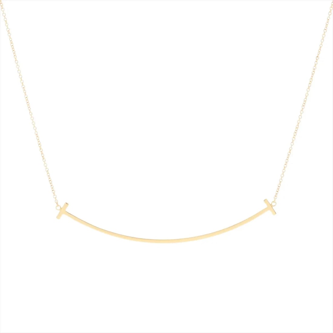 TIFFANY T SMILE LARGE NECKLACE 750(PG): Tiffany T Smile Large Necklace 750(PG) Brand: Tiffany Type/Style: Necklace Material: 750(PG) Color: Pink Gold Size: none Accessories: None Accessories Notice: When purchasing pre-owned goods, please