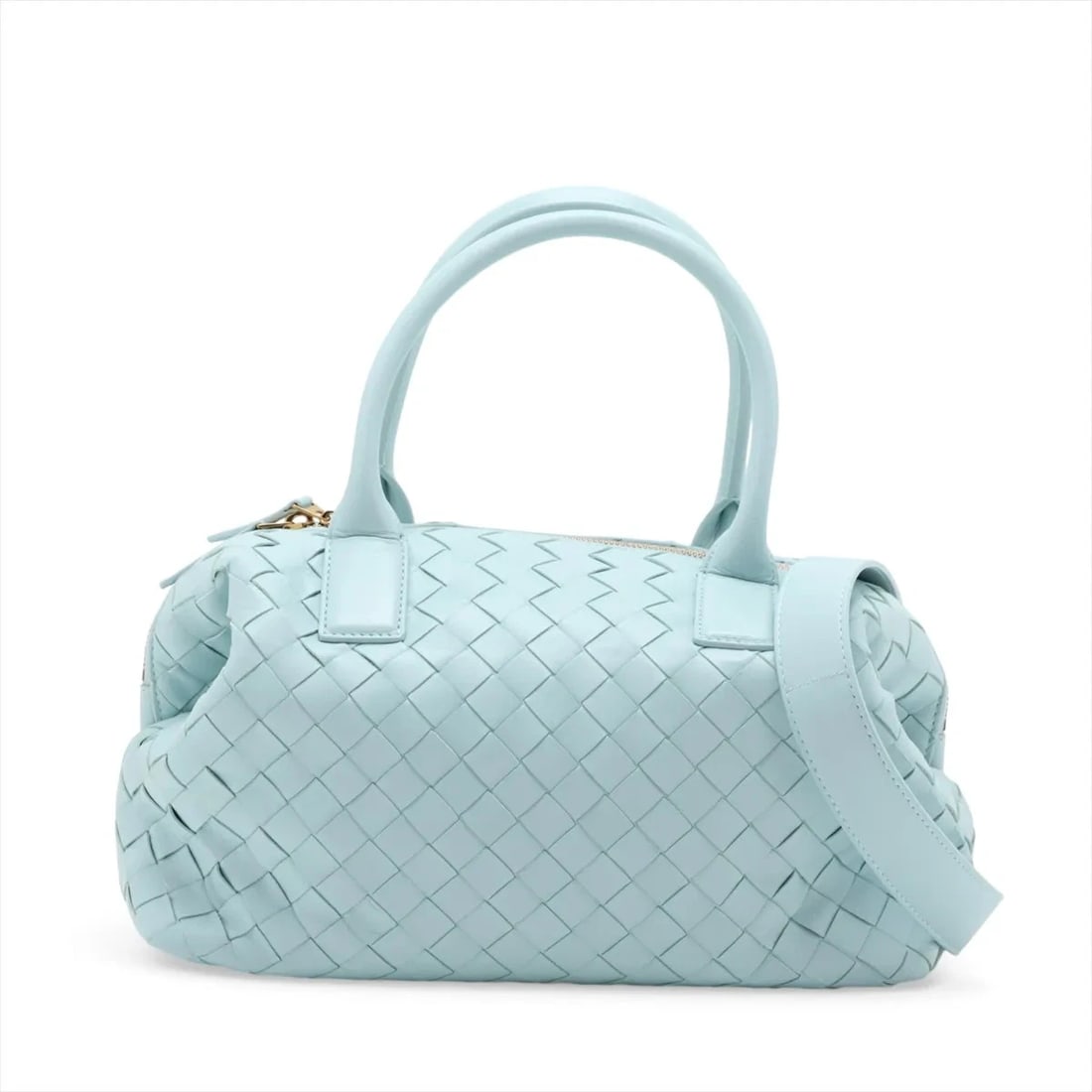 BOTTEGA VENETA INTRECCIATO LEATHER 2 WAY HANDBAG: Bottega Veneta Intrecciato Leather 2 Way Handbag Brand: Bottega Veneta Type/Style: Top Handle Bag Material: Leather Color: Blue Size: Height:6.1inchLength:11.8inchDepth:4.5inch Accessories: None <