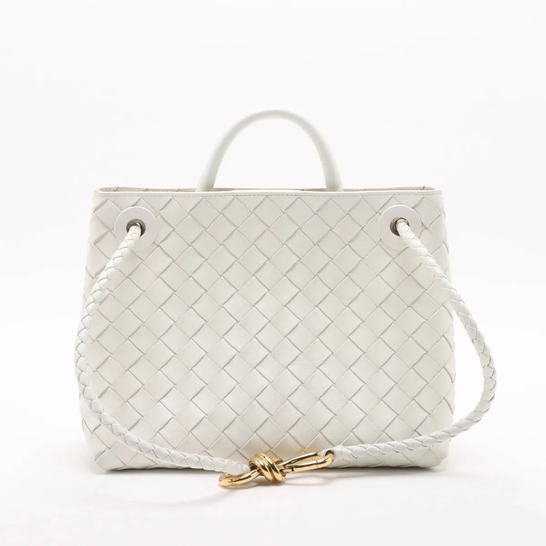 BOTTEGA VENETA INTRECCIATO SMALL ANDY AMO LEATHER 2 WAY HANDBAG: Bottega Veneta Intrecciato Small Andy Amo Leather 2 Way Handbag Brand: Bottega Veneta Type/Style: Top Handle Bag Material: Leather Color: White Size: Height:7.5inchLength:9.3inchDepth:4.3inch Acce