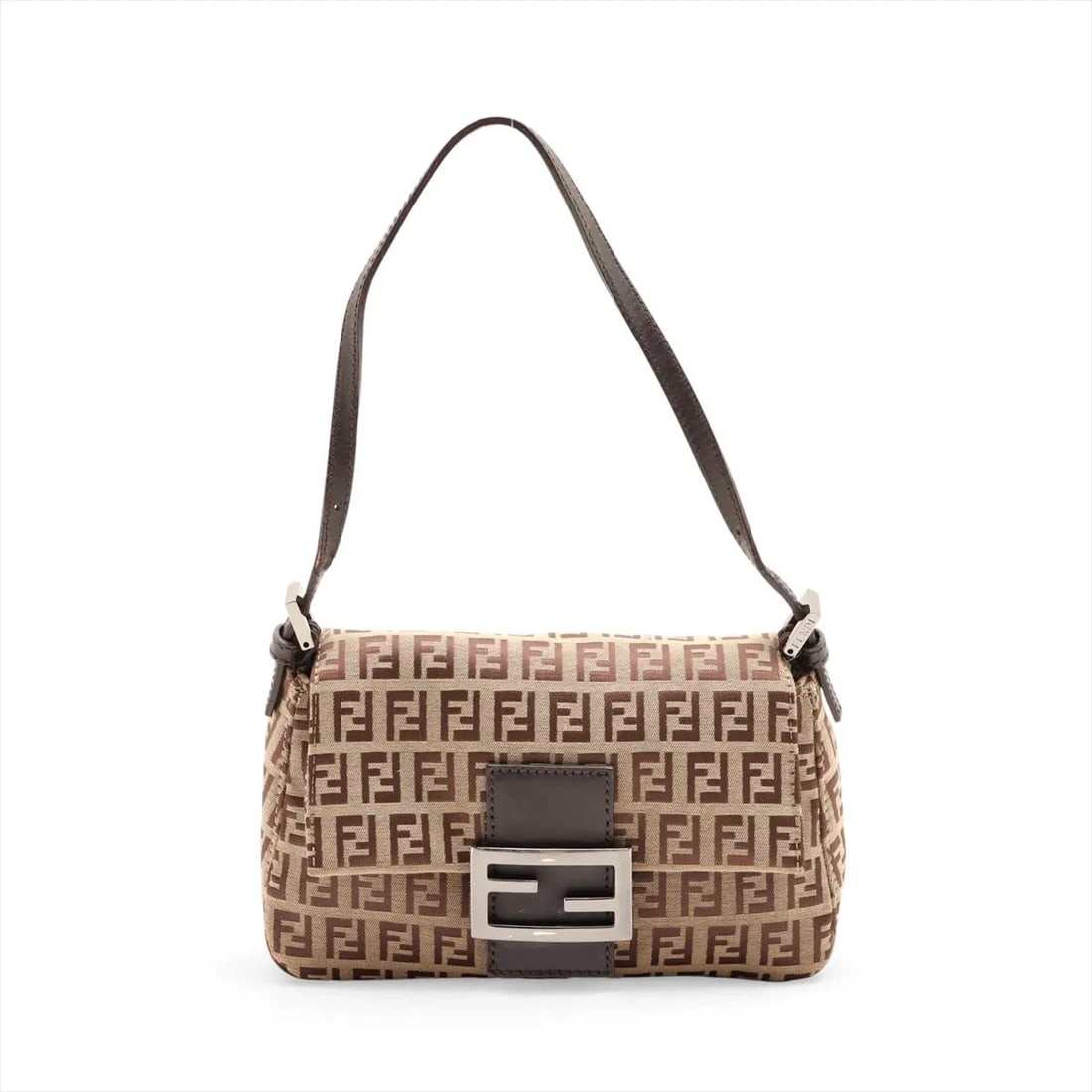 FENDI ZUCCHINO MAMMA BAGUETTE CANVAS & LEATHER SHOULDER BAG: Fendi Zucchino Mamma Baguette Canvas & Leather Shoulder bag Brand: Fendi Type/Style: Shoulder Bag Material: Canvas & Leather Color: Brown Size: Height:4.9inchLength:8.3inchDepth:3.7inch Accessorie