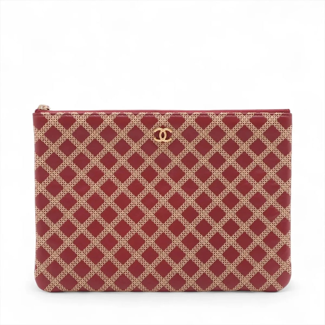 CHANEL COCO MARK LAMBSKIN CLUTCH BAG: Chanel Coco Mark Lambskin Clutch bag Brand: Chanel Type/Style: Clutch Material: Lambskin Color: Red x beige Size: Height:7.9inchLength:11.0inch Accessories: None Accessories Notice: When p