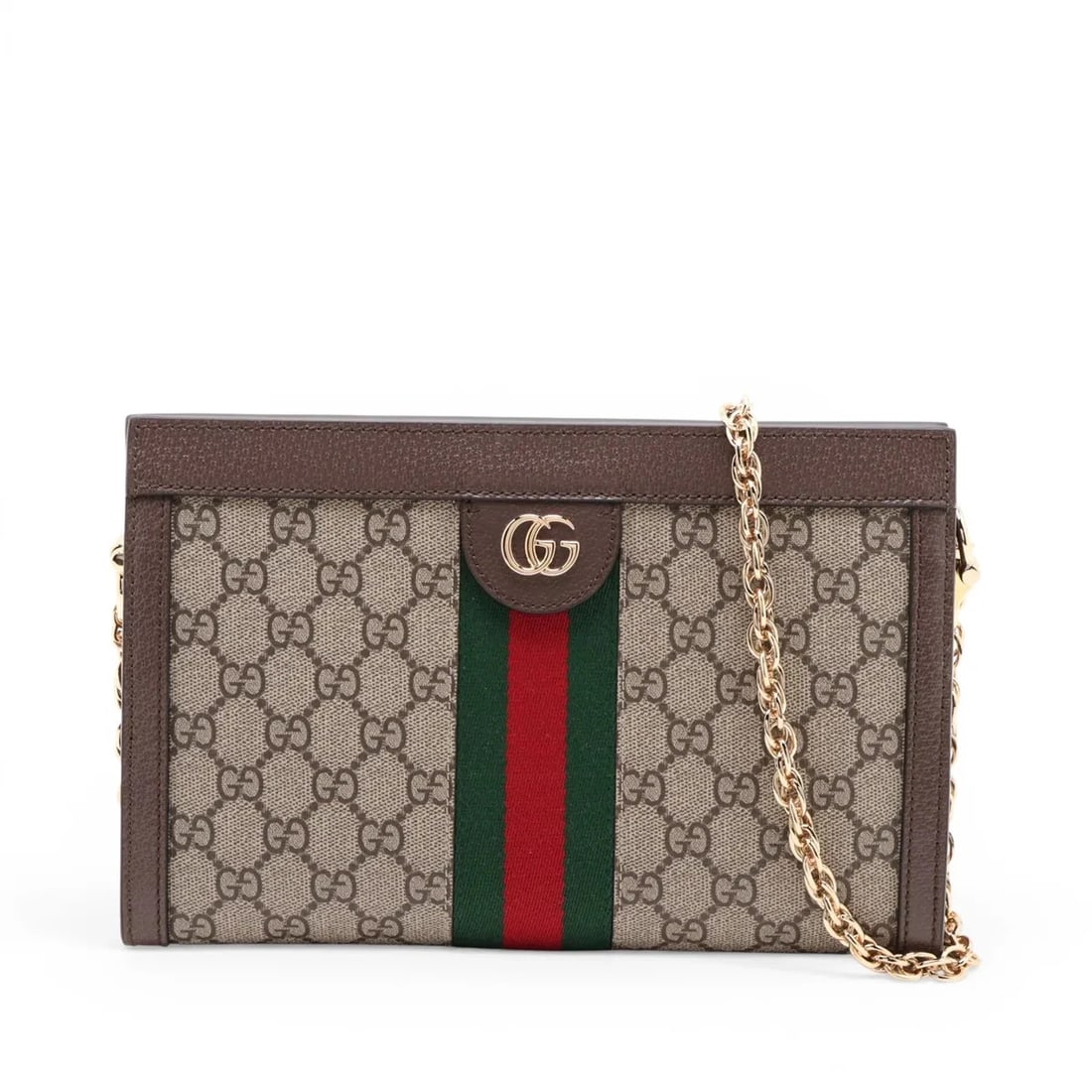 GUCCI GG SUPREME PVC & LEATHER CHAIN SHOULDER BAG: Gucci GG Supreme PVC & leather Chain Shoulder Bag Brand: Gucci Type/Style: Shoulder Bag Material: PVC & leather Color: Beige?Brown Size: Height:6.7inchLength:10.2inchDepth:3.1inch Accessories: Non