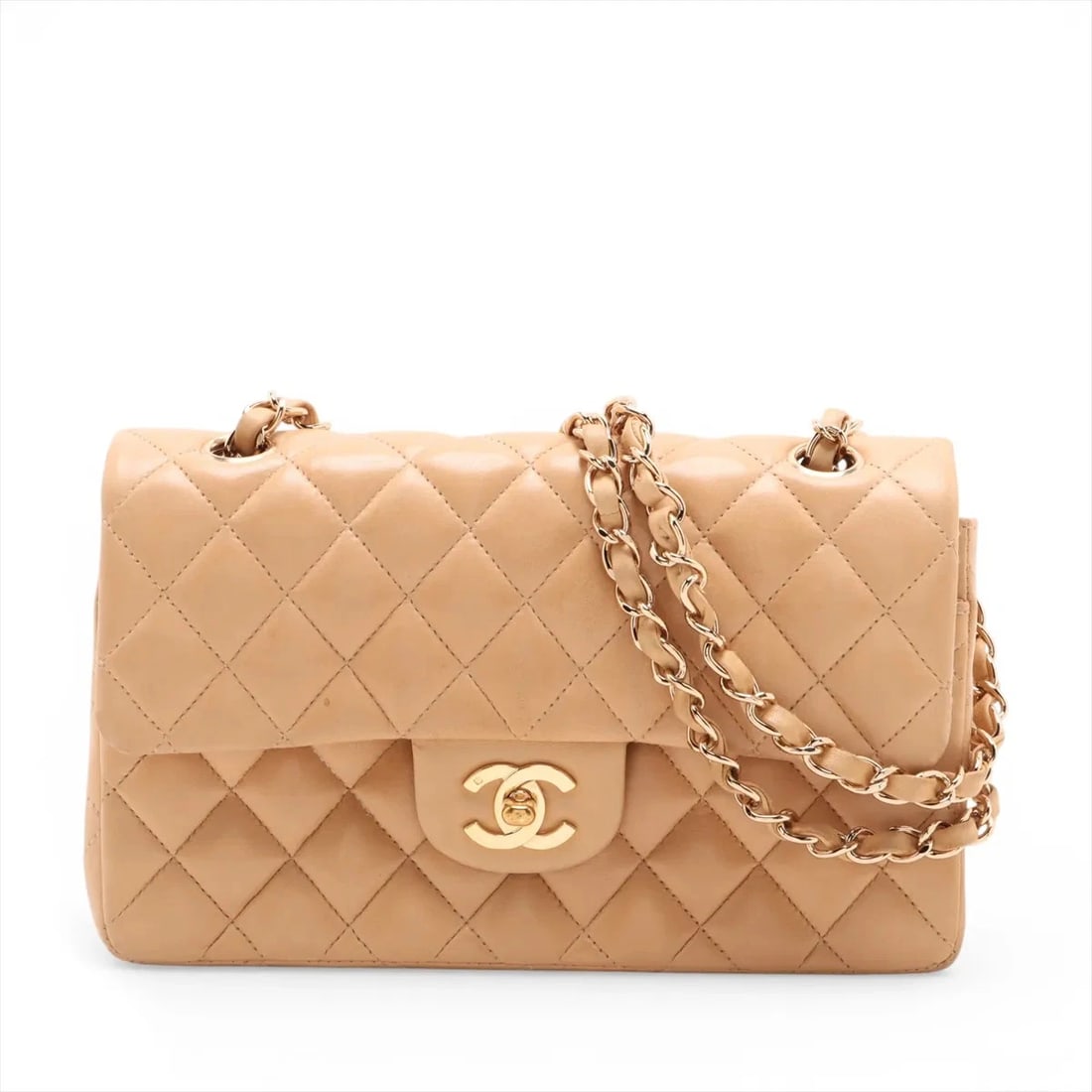 CHANEL MATELASSE 23 SMALL LAMBSKIN DOUBLE FLAP DOUBLE CHAIN BAG: Chanel Matelasse 23 Small Lambskin Double Flap Double Chain Bag Brand: Chanel Type/Style: Shoulder Bag Material: Lambskin Color: Beige Size: Height:5.3inchLength:8.9inchDepth:2.4inch Accessories: