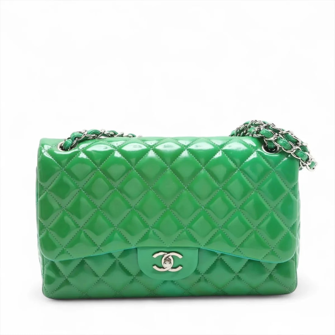 CHANEL DEKAMATRASSE 30 LARGE PATENT LEATHER DOUBLE CHAIN BAG: Chanel DEKAMATRASSE 30 Large Patent Leather Double Chain Bag Brand: Chanel Type/Style: Shoulder Bag Material: Patent Leather Color: Green Size: Height:7.7inchLength:11.8inchDepth:3.5inch Accessori