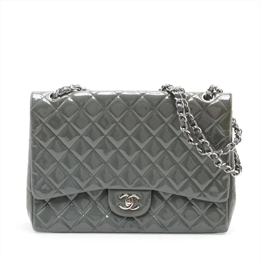 CHANEL DEKAMATRASSE 30 LARGE PATENT LEATHER SINGLE CHAIN BAG: Chanel DEKAMATRASSE 30 Large Patent Leather Single Chain Bag Brand: Chanel Type/Style: Shoulder Bag Material: Patent Leather Color: Gray Size: Height:9.3inchLength:12.8inchDepth:3.5inch Accessorie