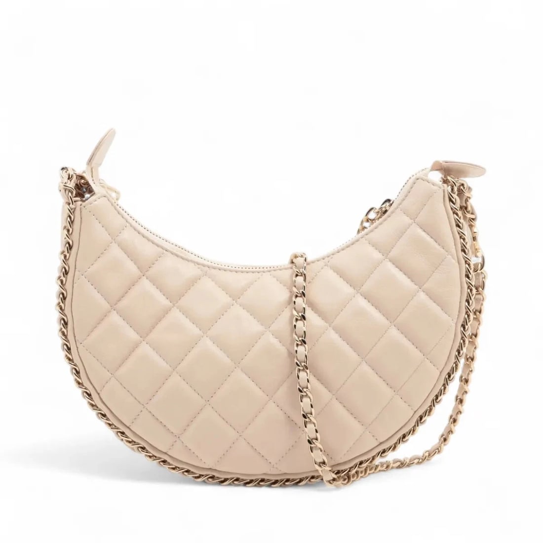 CHANEL MATELASSE LAMBSKIN CHAIN SHOULDER BAG: Chanel Matelasse Lambskin Chain Shoulder Bag Brand: Chanel Type/Style: Shoulder Bag Material: Lambskin Color: Beige Size: Height:6.1inchLength:8.9inchDepth:2.4inch Accessories: None Access