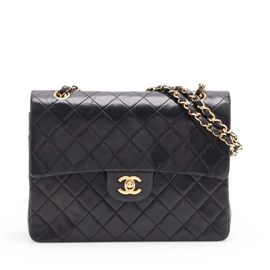 CHANEL MATELASSE LAMBSKIN DOUBLE CHAIN BAG: Chanel Matelasse Lambskin Double Chain Bag Brand: Chanel Type/Style: Shoulder Bag Material: Lambskin Color: Black Size: Height:7.5inchLength:9.8inchDepth:3.0inch Accessories: None Accessor