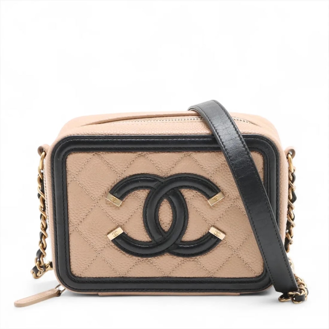 CHANEL CC FILIGREE GRAINED CALFSKIN CHAIN SHOULDER BAG: Chanel CC Filigree Grained Calfskin Chain Shoulder Bag Brand: Chanel Type/Style: Shoulder Bag Material: Caviar Skin Color: Beige x black Size: Height:3.9inchLength:5.5inchDepth:2.2inch Accessories
