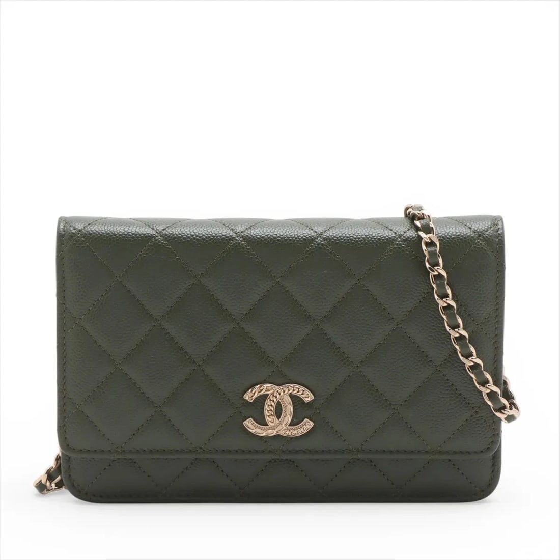 CHANEL MATELASSE CAVIAR SKIN CHAIN WALLET KHAKI GOLD METAL: Chanel Matelasse Caviar Skin Chain Wallet Khaki Gold Metal Brand: Chanel Type/Style: Shoulder Bag Material: Caviar Skin Color: Green Size: Height:4.9inchLength:7.5inchDepth:1.8inch Accessories: No