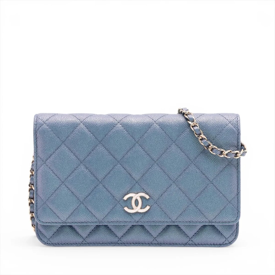 CHANEL MATELASSE CAVIAR SKIN CHAIN WALLET BLUE GOLD METAL: Chanel Matelasse Caviar Skin Chain Wallet Blue Gold Metal Brand: Chanel Type/Style: Shoulder Bag Material: Caviar Skin Color: Blue Size: Height:4.9inchLength:7.5inchDepth:0.8inch Accessories: None