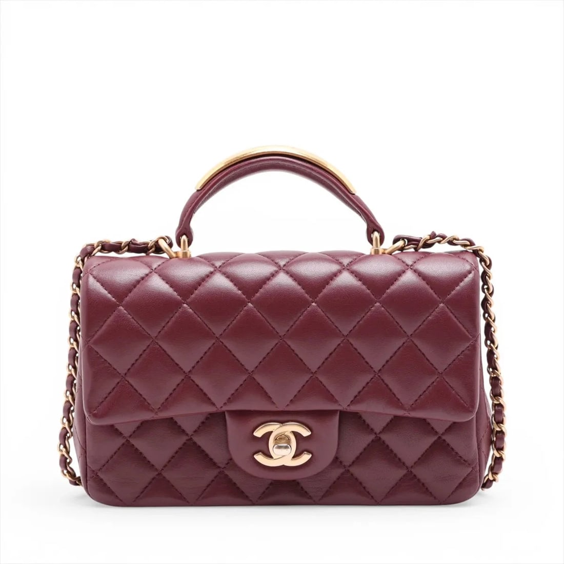 CHANEL MATELASSE LAMBSKIN 2 WAY SHOULDER BAG: Chanel Matelasse Lambskin 2 Way Shoulder Bag Brand: Chanel Type/Style: Top Handle Bag Material: Lambskin Color: Bordeaux Size: Height:4.9inchLength:7.9inchDepth:2.6inch Accessories: None A