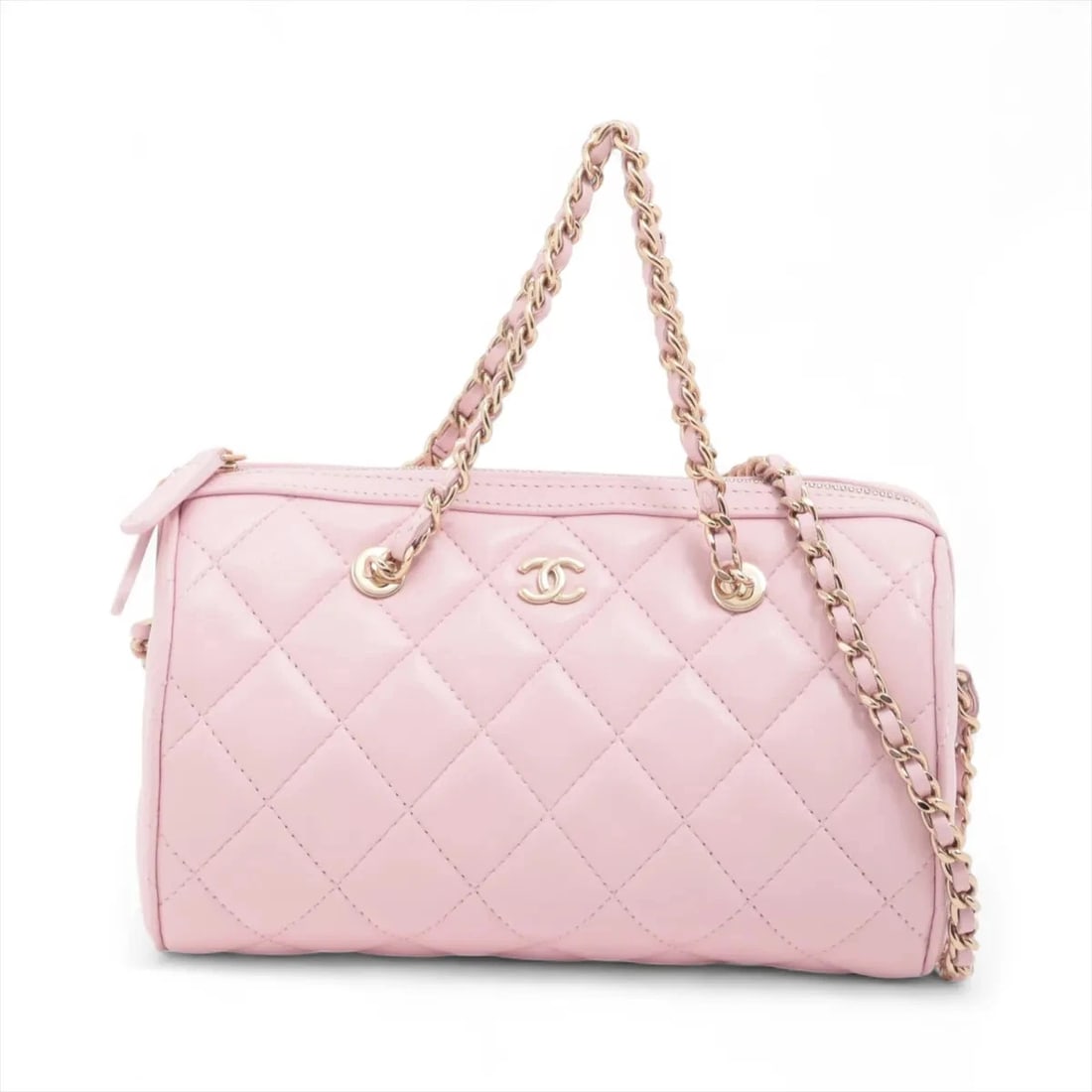 CHANEL MATELASSE LAMBSKIN 2 WAY HANDBAG: Chanel Matelasse Lambskin 2 Way Handbag Brand: Chanel Type/Style: Top Handle Bag Material: Lambskin Color: Pink Size: Height:4.5inchLength:7.3inchDepth:4.3inch Accessories: None Accessorie