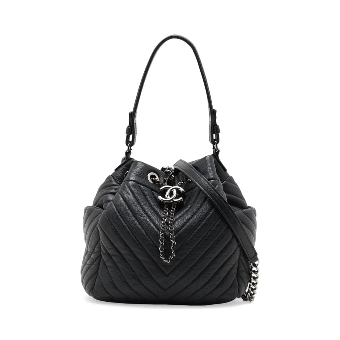 CHANEL CHEVRON LEATHER 2 WAY SHOULDER BAG: Chanel Chevron Leather 2 Way Shoulder Bag Brand: Chanel Type/Style: Shoulder Bag Material: Leather Color: Black Size: Height:8.1inchLength:7.5inchDepth:4.3inch Accessories: None Accessorie