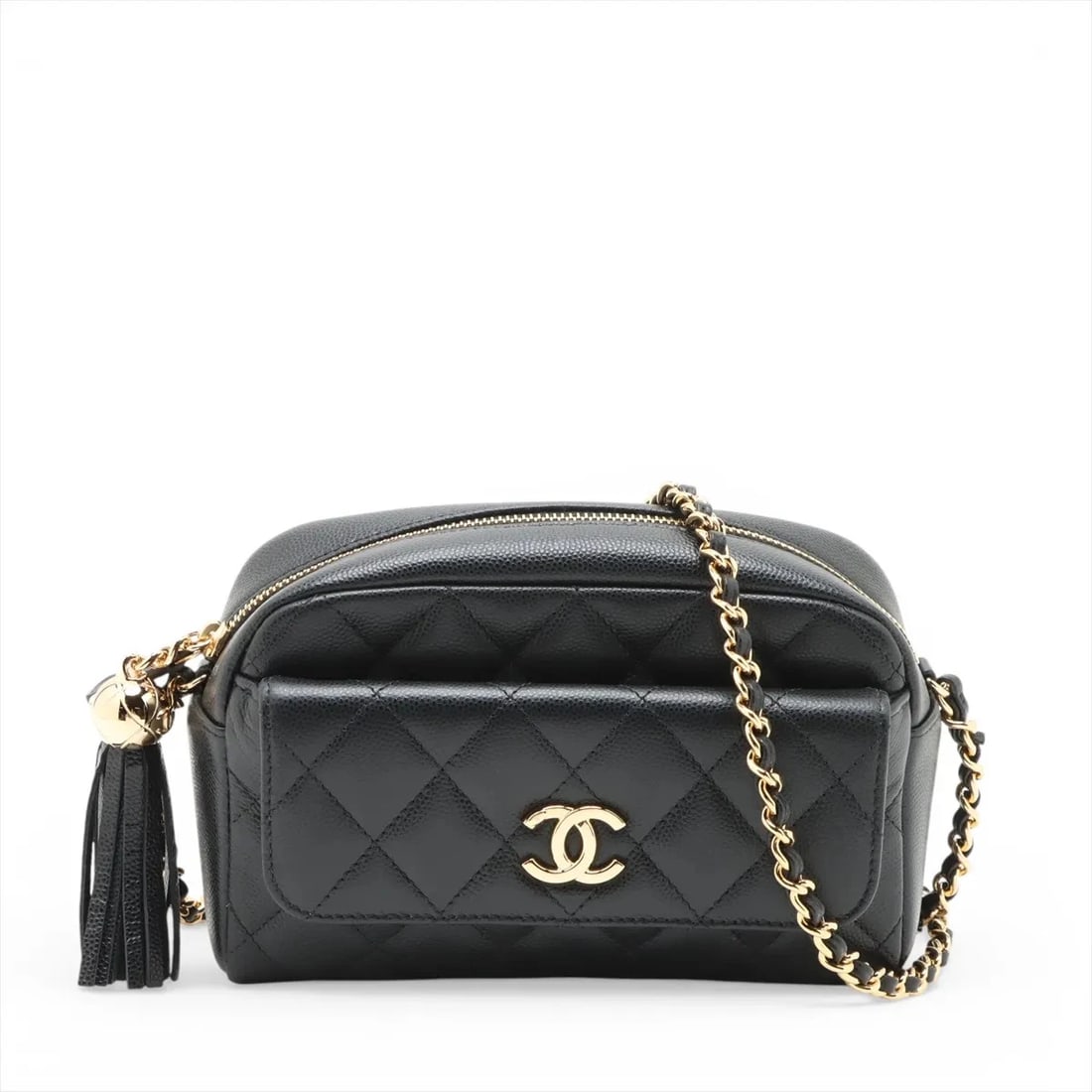 CHANEL MATELASSE CAVIAR SKIN CHAIN SHOULDER BAG: Chanel Matelasse Caviar Skin Chain Shoulder Bag Brand: Chanel Type/Style: Shoulder Bag Material: Caviar Skin Color: Black Size: Height:4.3inchLength:6.7inchDepth:2.4inch Accessories: None